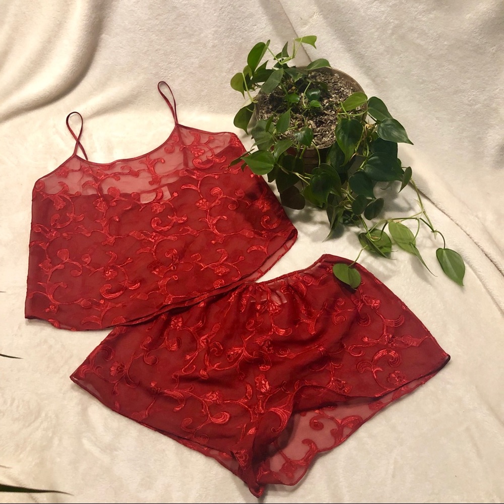 Vintage Burgundy Sheer Pajamas Sleep Set 🍓